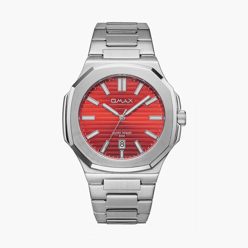 OMAX ساعة أومكس الفضية للرجال مع قرص أحمر - Image 1